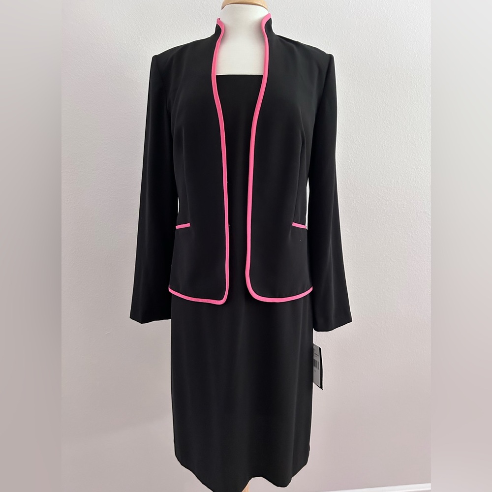 Black Midi Dress and Jacket Set with Pink Trim